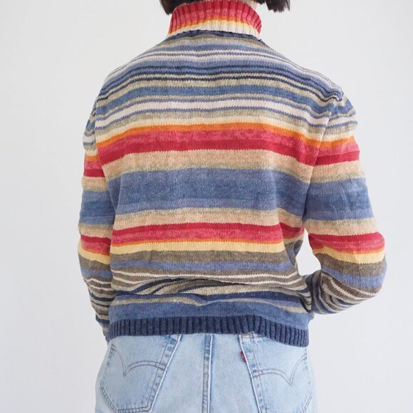 Vintage Mountain Lake Blue Cotton Sweater Striped Knit Grandmacore M - Picture 2 of 9